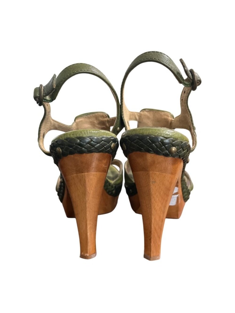 Frye Women Size 6.5 Dara Canvas Leather High Heel Sandals Wood-Heel Green Orange - Picture 3 of 10